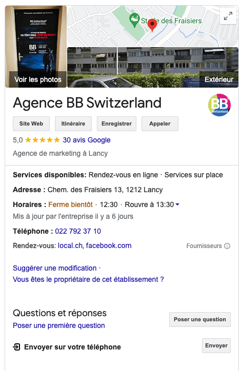 Fiche établissement Google My Business Agence BB® Switzerland agence de communication digitale Genève SEO